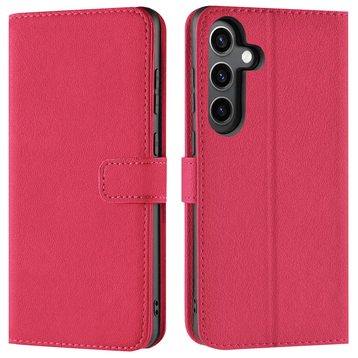 Rote Leder-Klapphülle mit Kartenfächern für Samsung Galaxy S24, Seitenansicht.