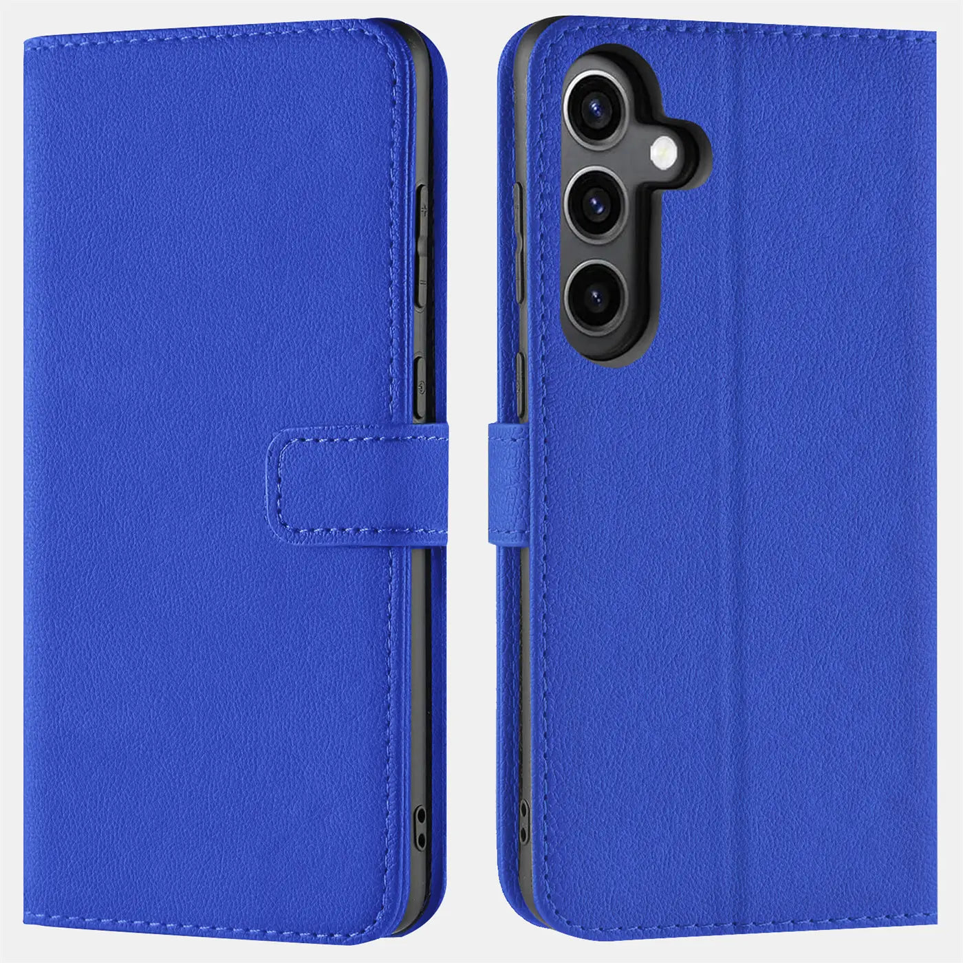 Blaue Kunstleder-Klapphülle mit Kartenfächern, Vorder- und Rückansicht, für Samsung Galaxy S24 Plus.