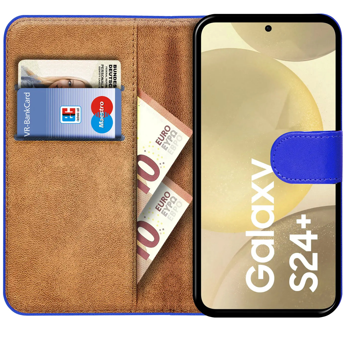 Braune Kunstleder Klapphülle mit blauem Verschluss, Kartenfächern, zeigt Samsung Galaxy S24 Plus.