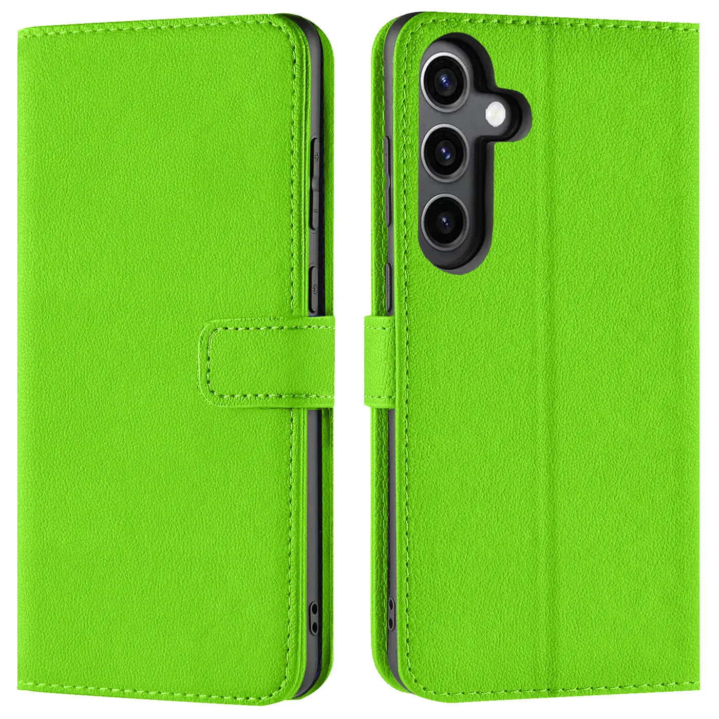 Grüne Kunstleder-Klapphülle für Samsung Galaxy S24 Plus, Vorder- und Rückansicht.