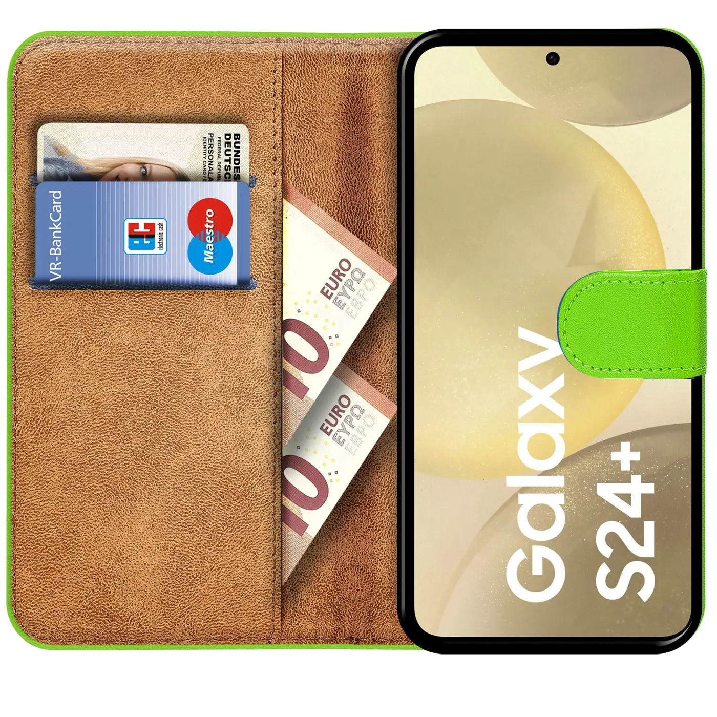 Grüne Kunstleder-Klapphülle mit Kartenfächern, zeigt Samsung Galaxy S24+ von vorne