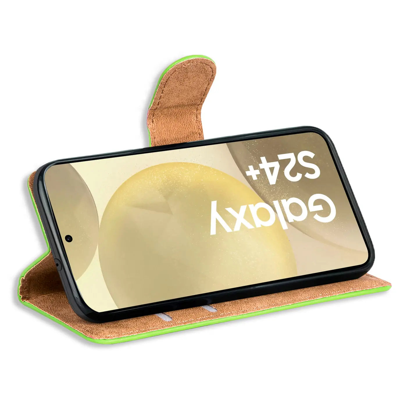 Grüne Kunstleder-Klapphülle mit braunem Innenfutter, seitliche Ansicht, zeigt Samsung Galaxy S24+