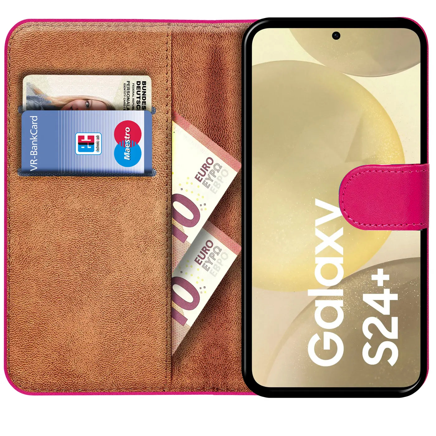 Pink Kunstleder Klapphülle mit Kartenfächern, zeigt Samsung Galaxy S24+, von vorne
