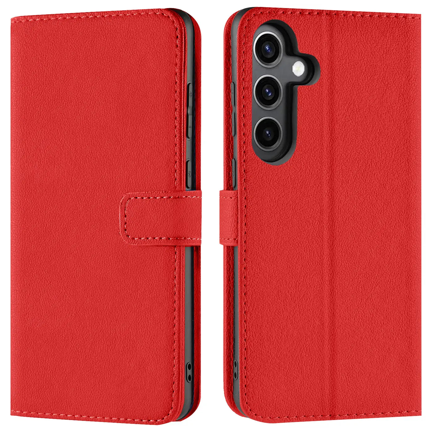 Rote Leder-Klapphülle mit Kartenfächern, Vorder- und Rückansicht, für Samsung Galaxy S24 Plus.