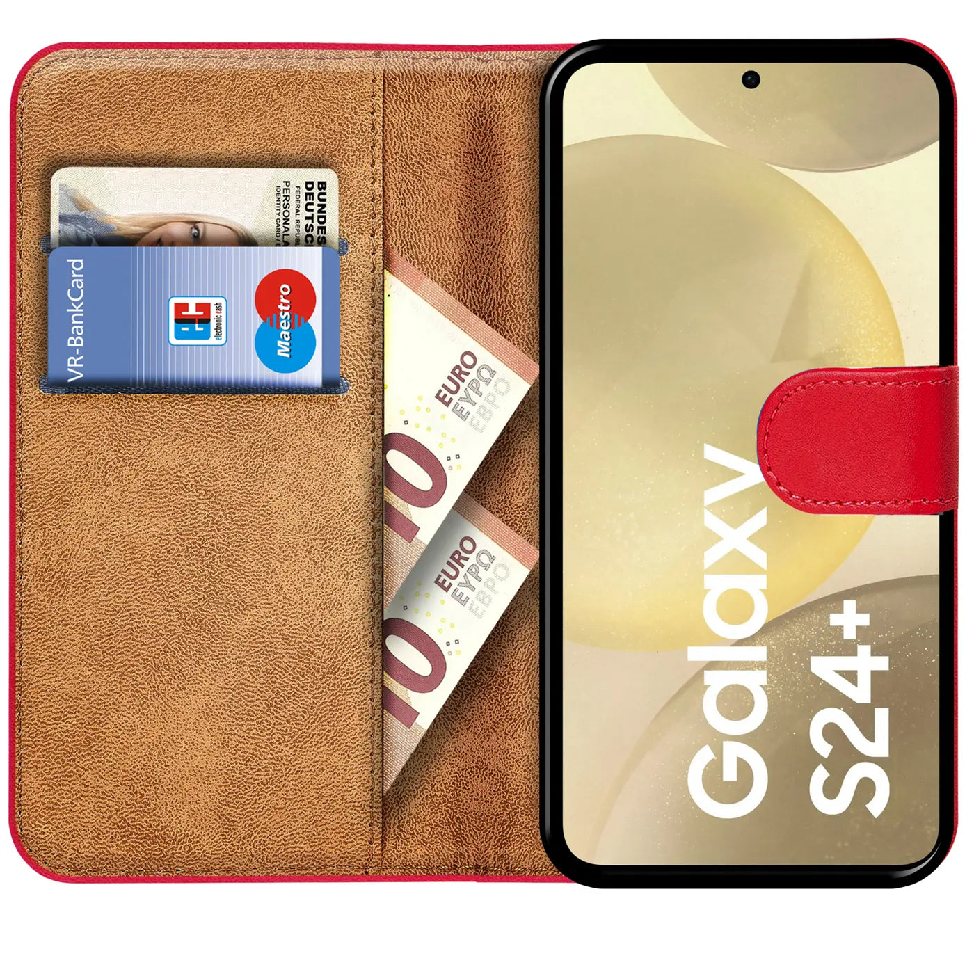 Rote Kunstleder-Klapphülle mit Kartenfächern, zeigt Samsung Galaxy S24 Plus.