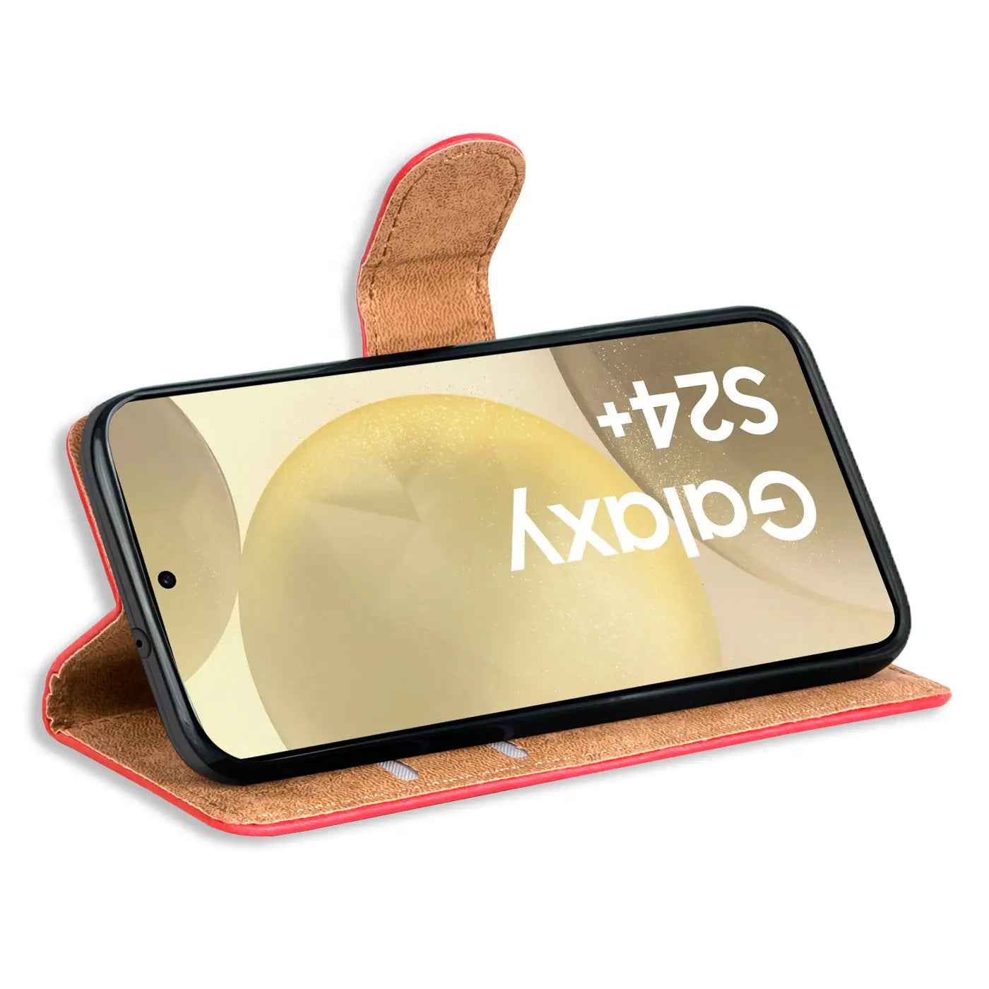 Rote Kunstleder-Klapphülle mit braunem Innenfutter, schräg von vorne, zeigt Samsung Galaxy S24+