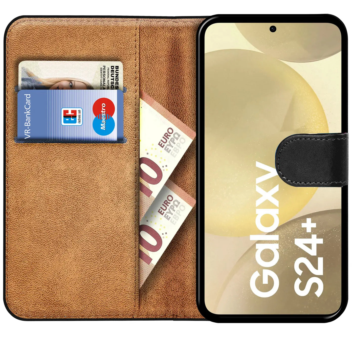 Braune Kunstleder-Klapphülle mit Kartenfächern, zeigt Samsung Galaxy S24 Plus.