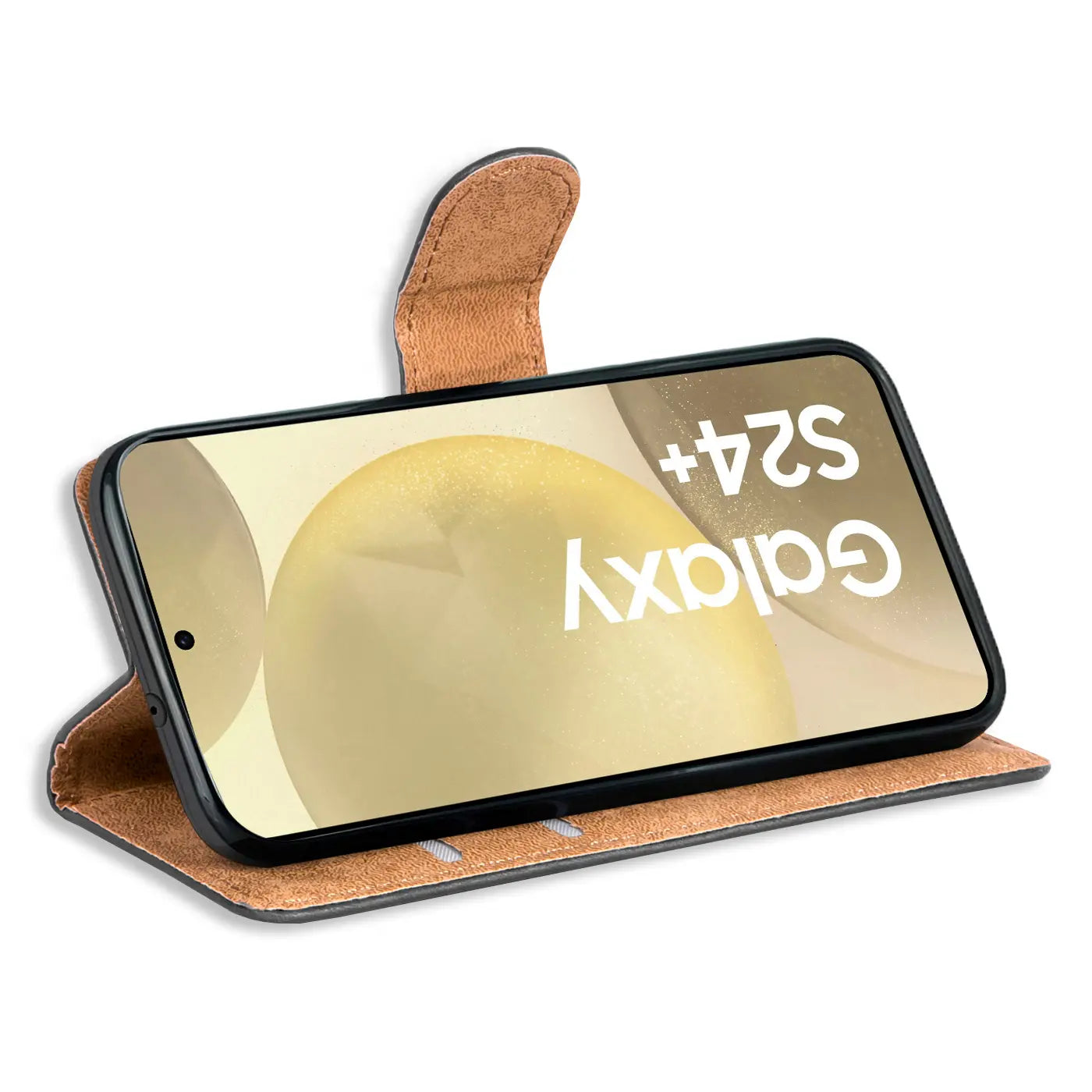 Braune Leder-Klapphülle mit Kartenfächern, Samsung Galaxy S24+ von vorne, leicht schräg.