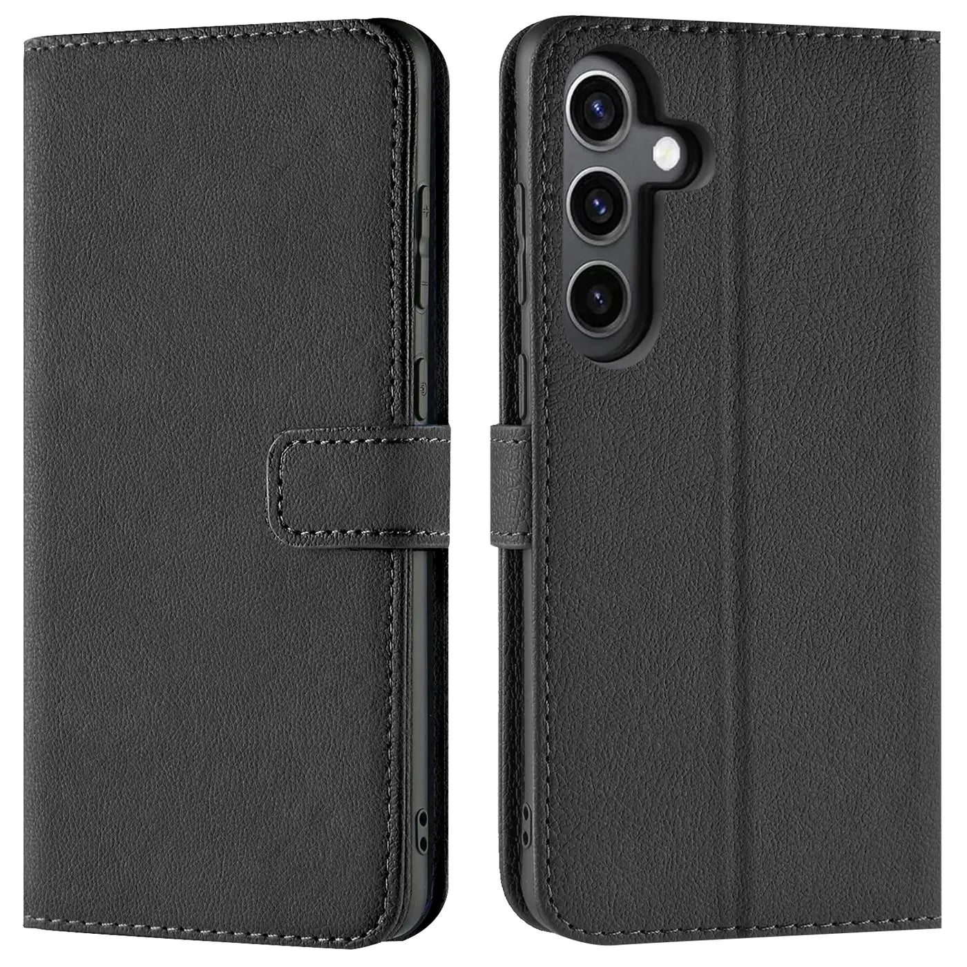 Schwarze Leder-Klapphülle mit Kartenfächern, Vorder- und Rückansicht, für Samsung Galaxy S24.