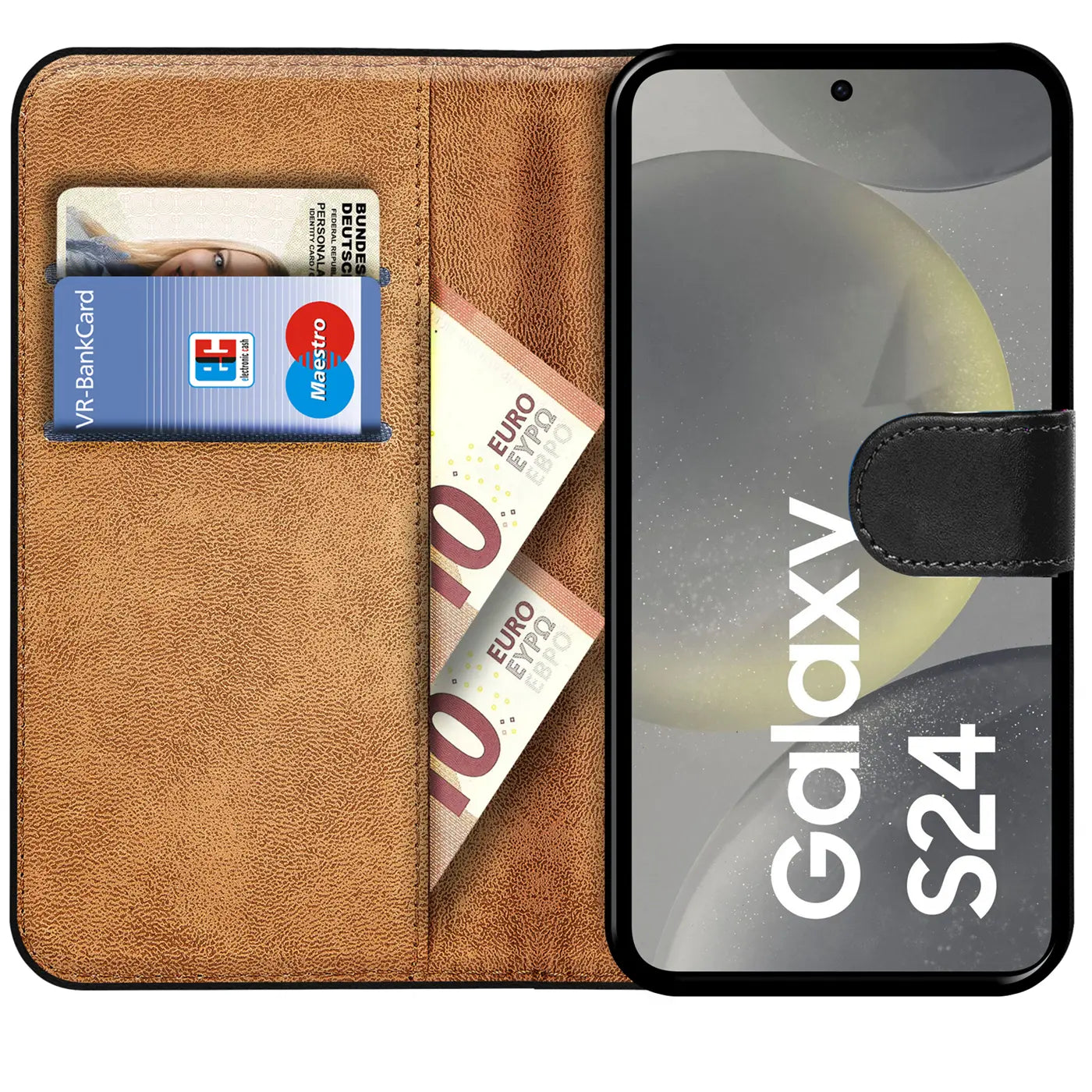 Braun lederne Klapphülle mit Kartenfächern und Euro-Scheinen, zeigt Samsung Galaxy S24.