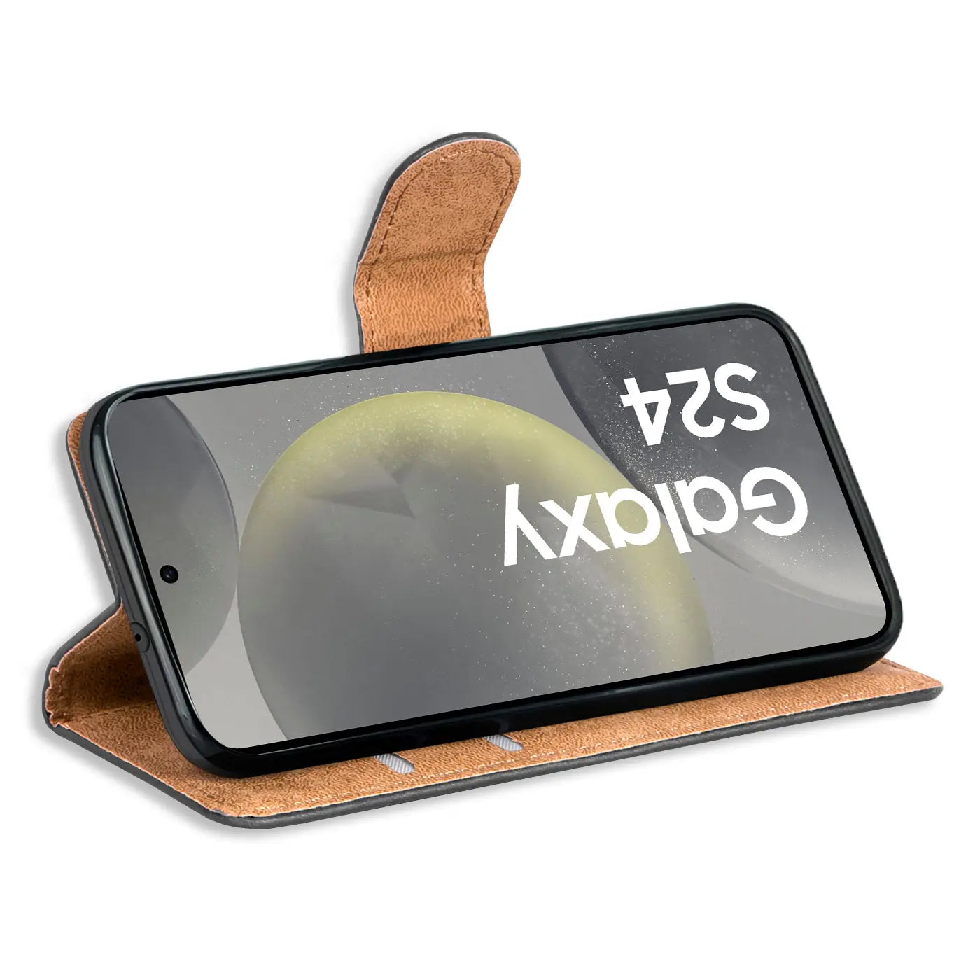 Braune Kunstleder-Klapphülle mit Kartenfächern, Samsung Galaxy S24, von vorne.