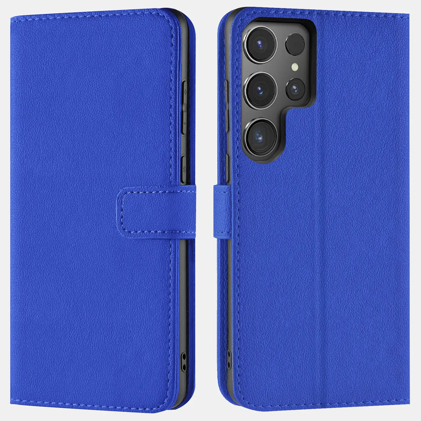 Blaue Leder-Klapphülle mit Kartenfächern für Samsung S24 Ultra, Vorder- und Rückansicht.