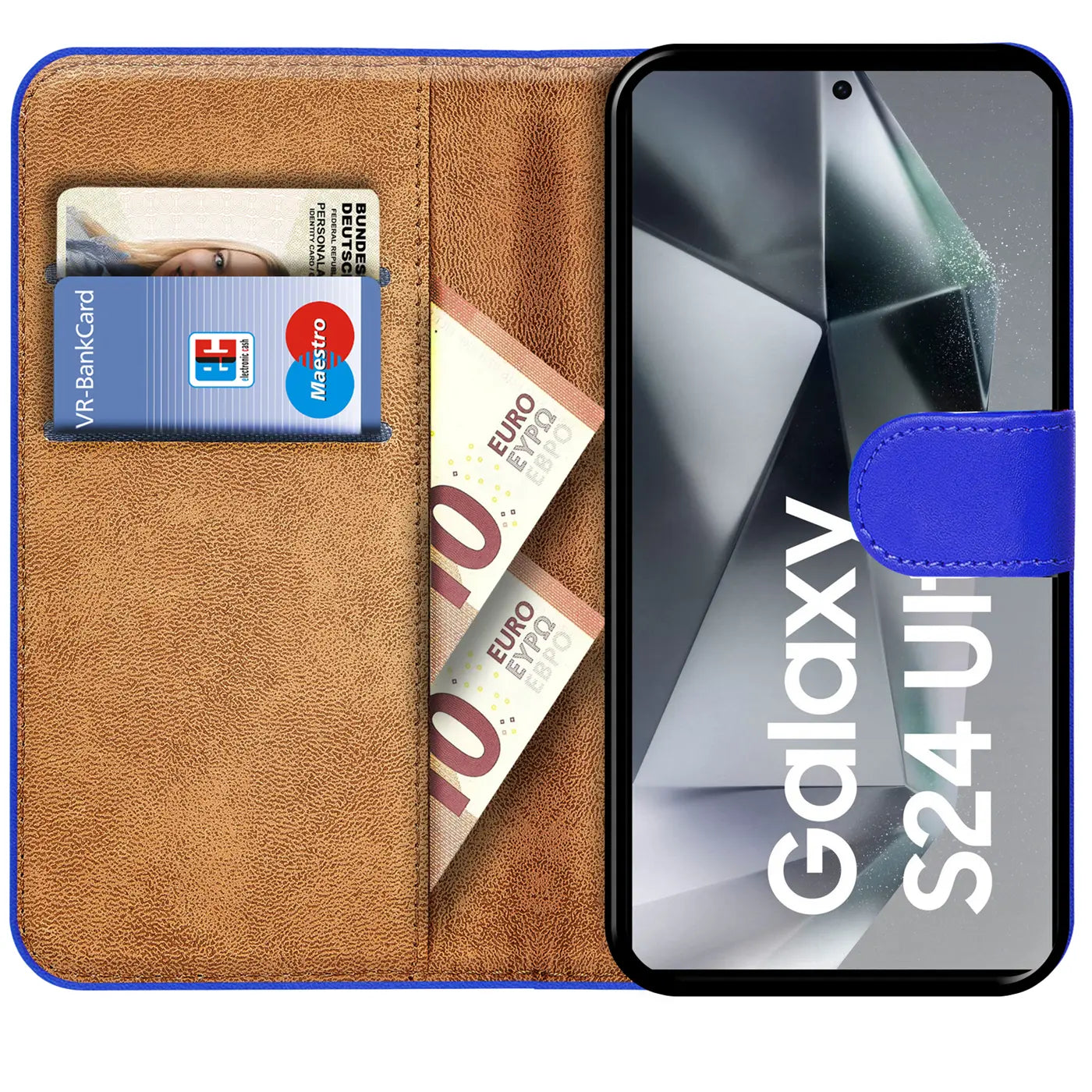 Blaue Klapphülle aus Kunstleder mit Kartenfächern und Geldscheinfach, zeigt Samsung Galaxy S24 Ultra.