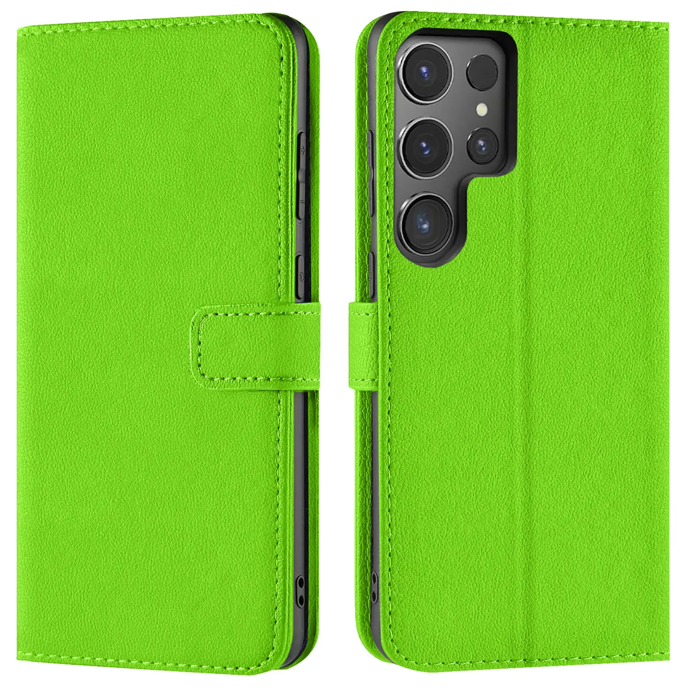 Grüne Kunstleder-Klapphülle mit Kartenfächern, Vorder- und Rückansicht, Samsung Galaxy S24 Ultra.
