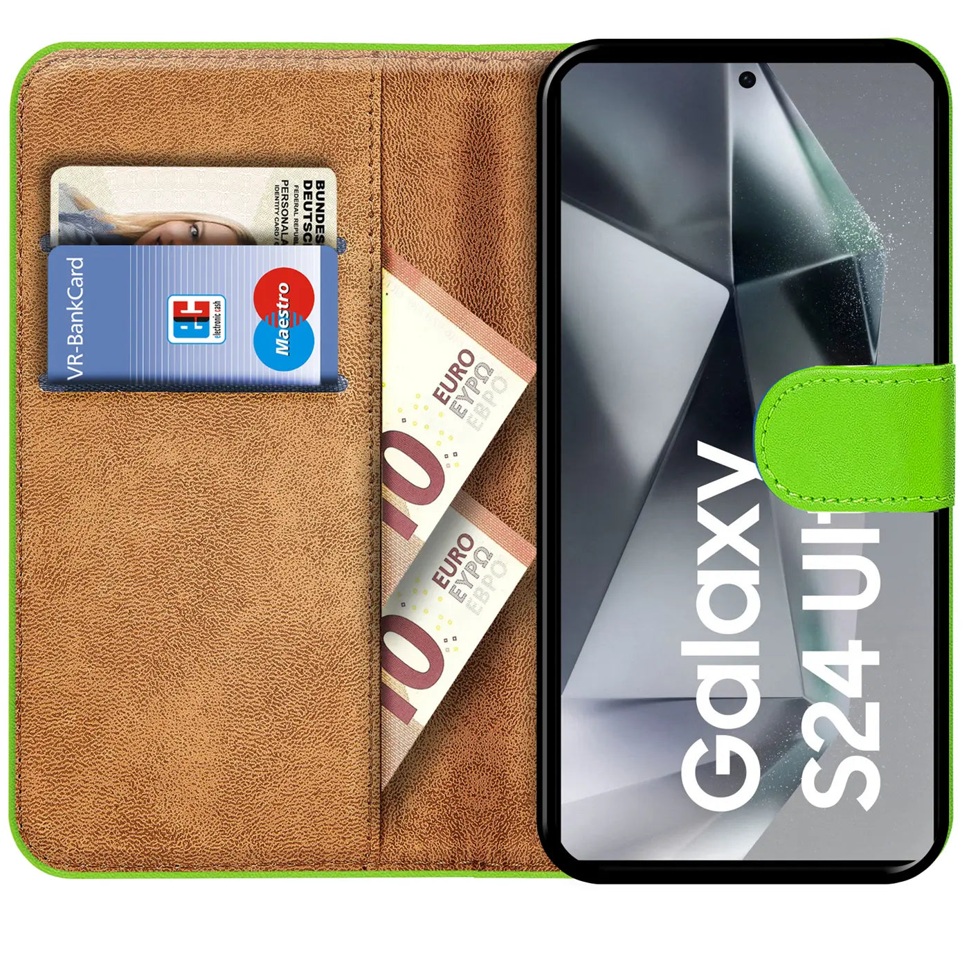 Grüne Klapphülle aus Leder mit Kartenfächern und Geldscheinen, zeigt Samsung Galaxy S24 Ultra.