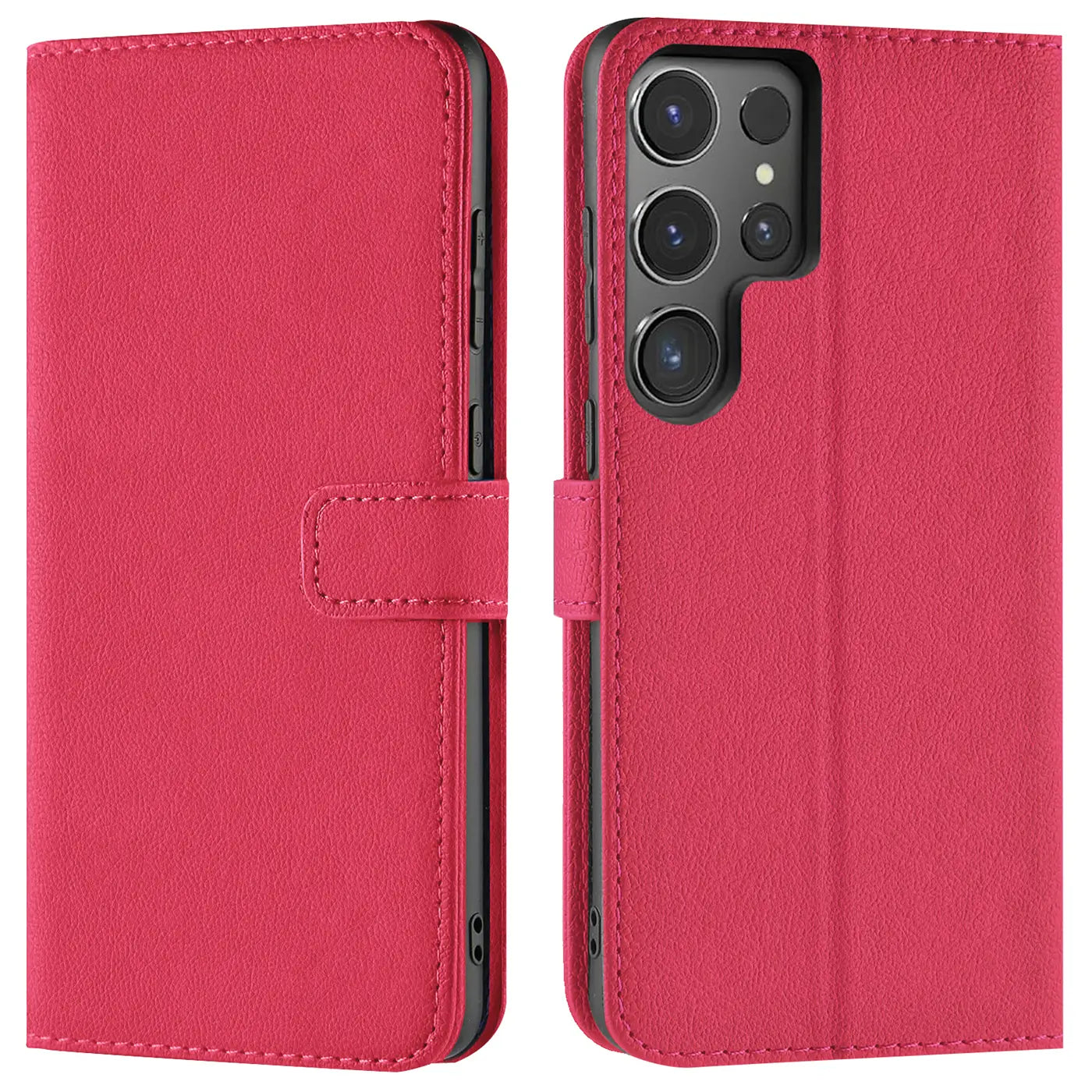 Rote Kunstleder-Klapphülle mit Kartenfächern, Vorder- und Rückansicht, Samsung Galaxy S24 Ultra.