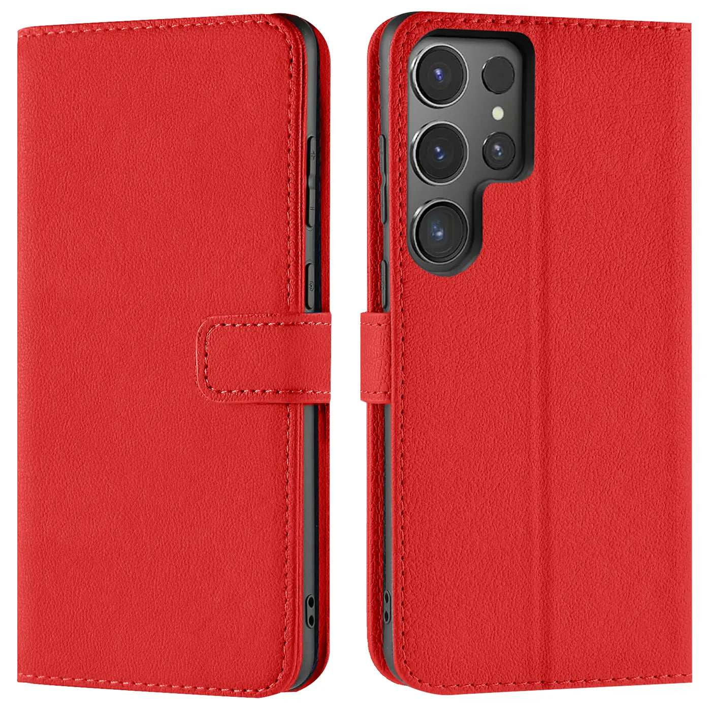 Rote Kunstleder-Klapphülle mit Kartenfächern, Vorder- und Rückansicht, Samsung Galaxy S24 Ultra.
