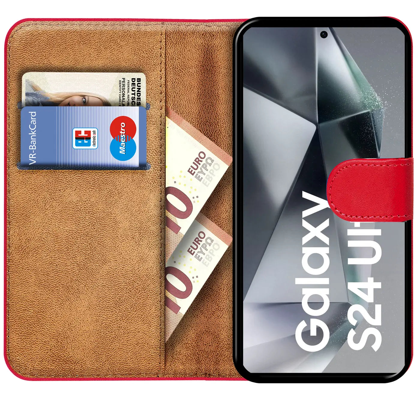 Rote Klapphülle aus Leder mit Kartenfächern und Geldscheinen, zeigt Samsung Galaxy S24 Ultra.