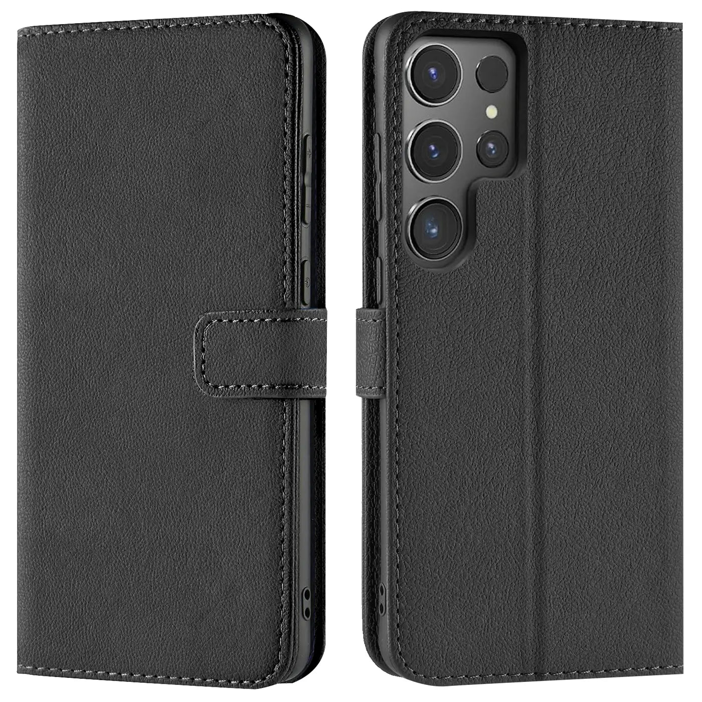 Schwarze Leder-Klapphülle mit Kartenfächern für Samsung Galaxy S24 Ultra, Vorder- und Rückansicht.
