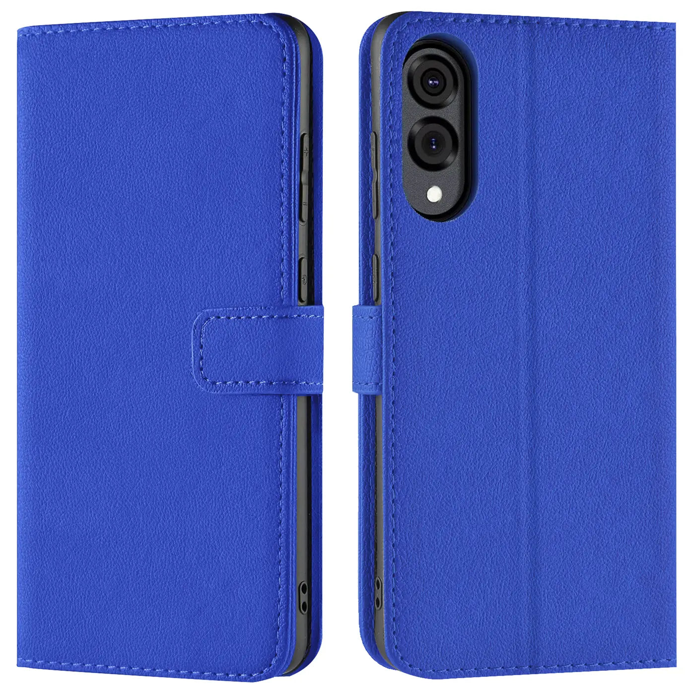 Blaue Kunstleder-Klapphülle mit Kartenfächern, Vorder- und Rückansicht, für Samsung Galaxy S25 Edge.