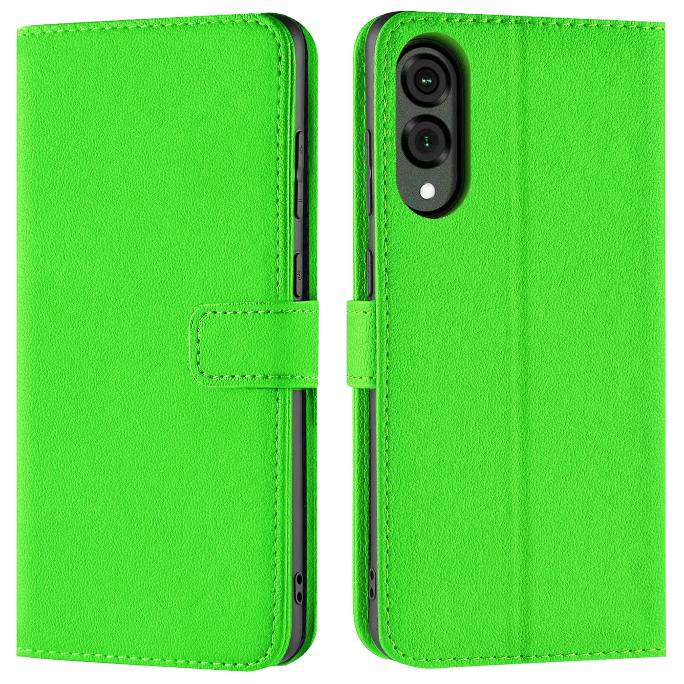 Grüne Kunstleder-Klapphülle mit Kartenfächern, Vorder- und Rückansicht, für Samsung Galaxy S25 Edge.