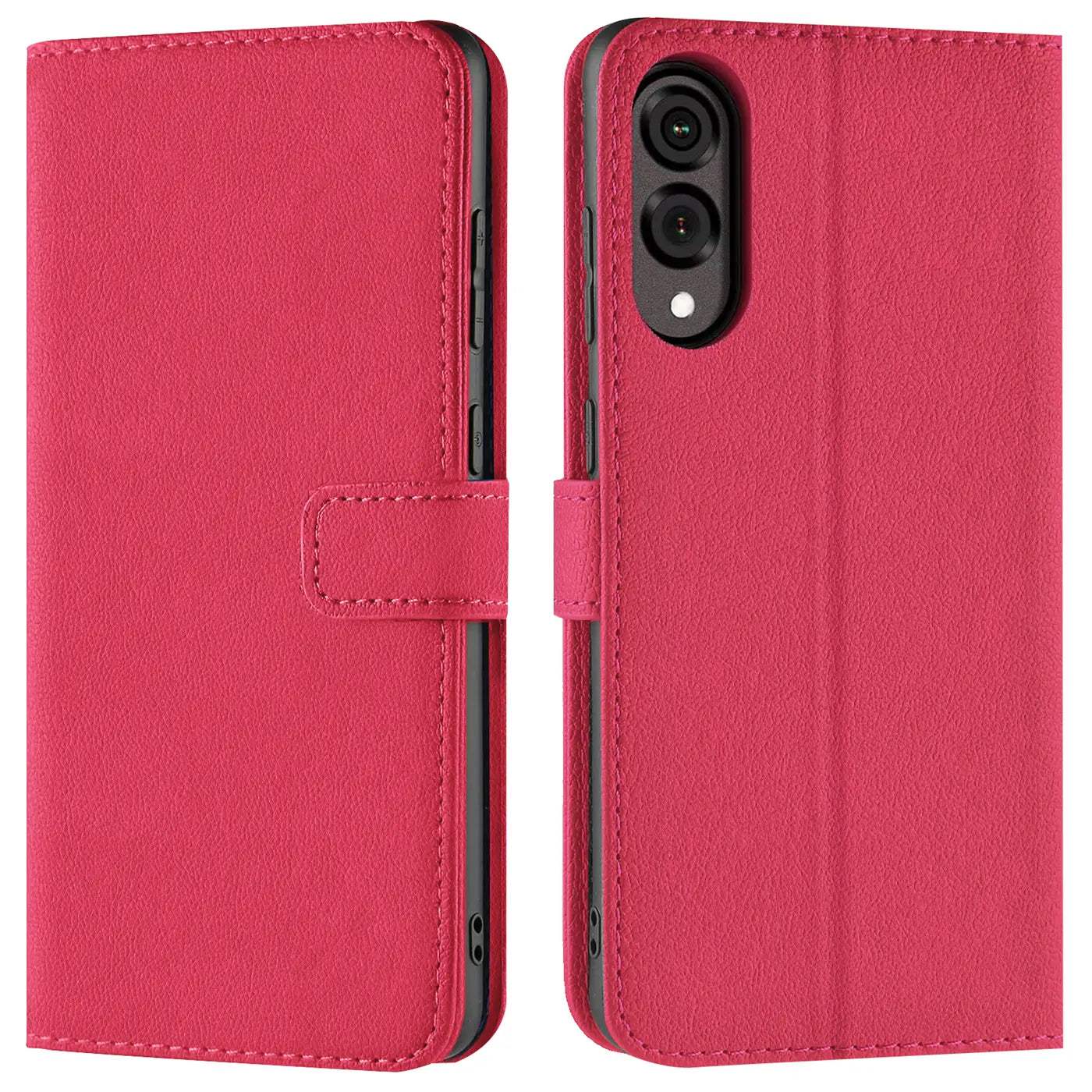 Rosa Kunstleder-Klapphülle mit Kartenfächern, Vorder- und Rückansicht, Samsung Galaxy S25 Edge.