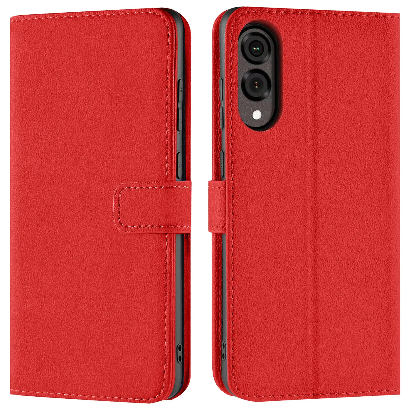 Rote Kunstleder-Klapphülle mit Kartenfächern, Vorder- und Rückansicht, für Samsung Galaxy S25 Edge.