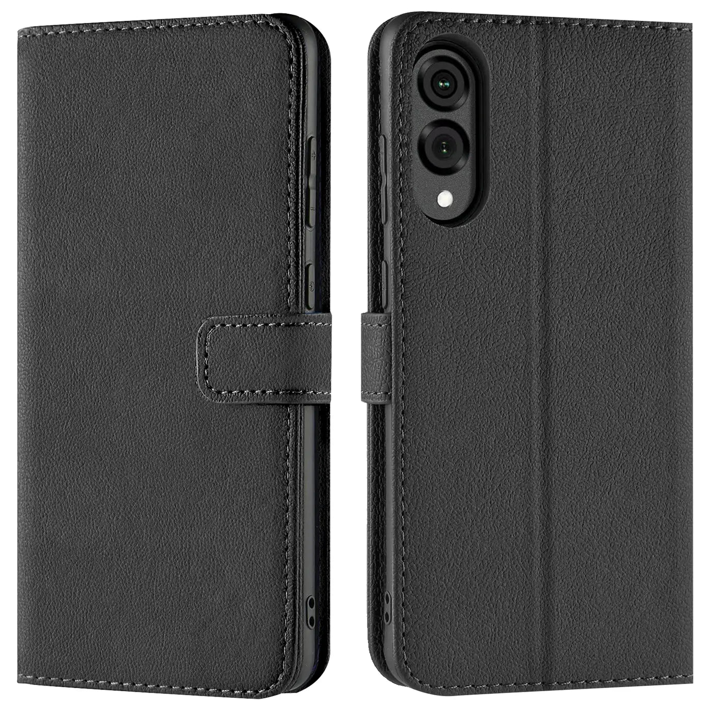 Schwarze Leder-Klapphülle mit Kartenfächern, Vorder- und Rückansicht, Samsung Galaxy S25 Edge.