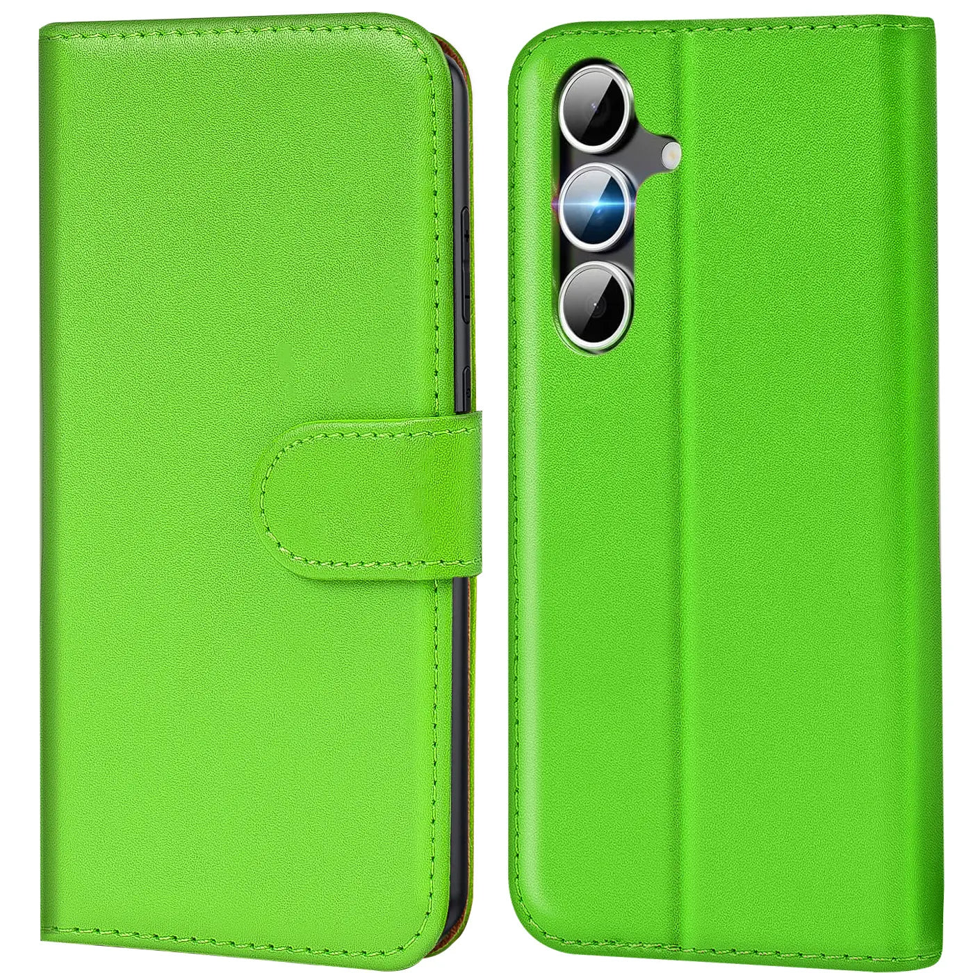Grüne Kunstleder-Klapphülle mit Kartenfächern für Samsung Galaxy S25 FE, Vorder- und Rückansicht.
