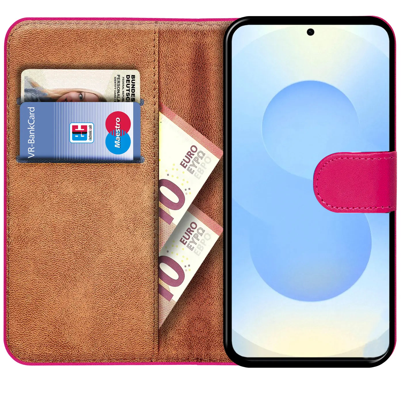 Pink Kunstleder-Klapphülle mit Kartenfächern, Geld, VR-Bankkarte, Maestro, Samsung S25 FE.
