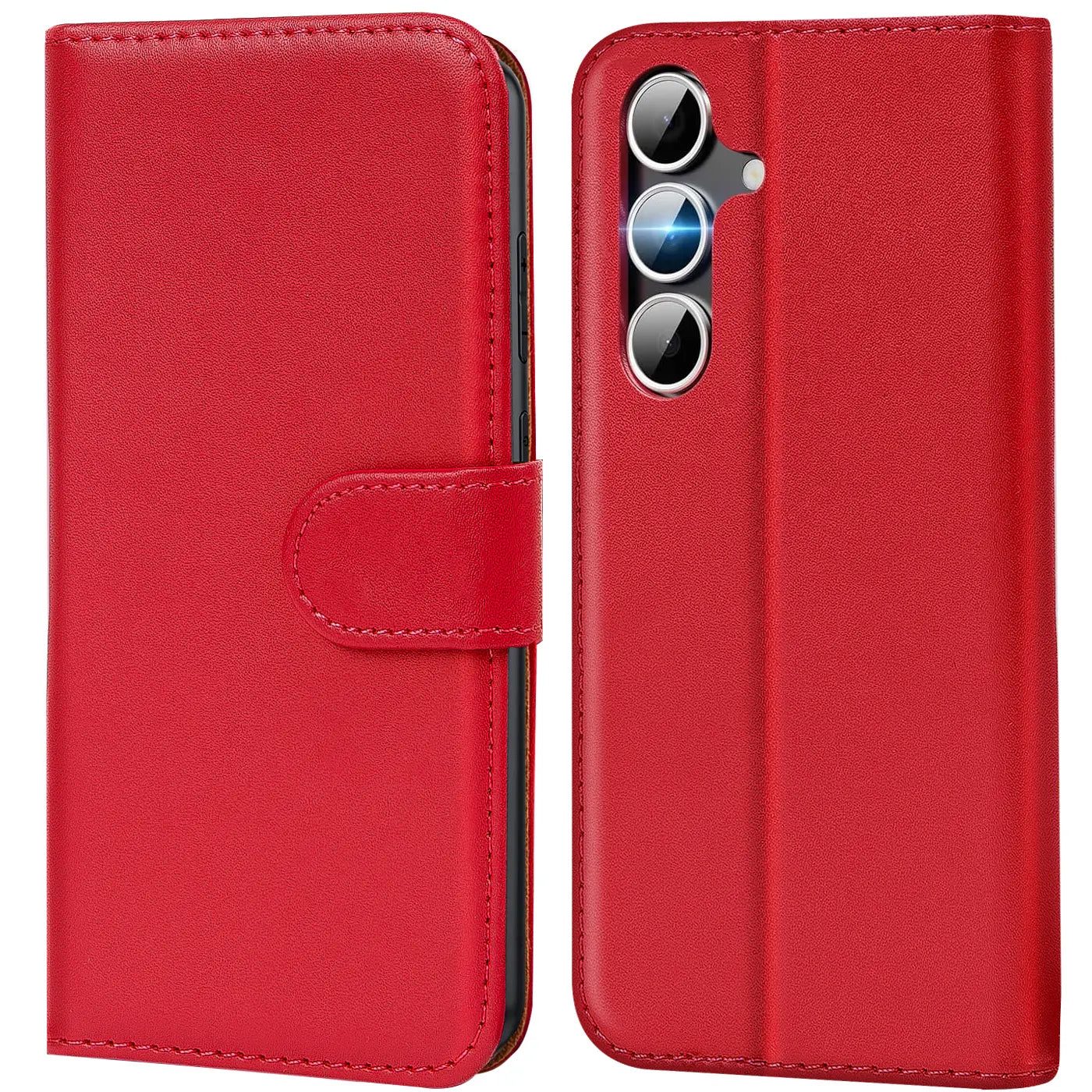 Rote Leder-Klapphülle mit Kartenfächern, Vorder- und Rückansicht, Samsung S25 FE.