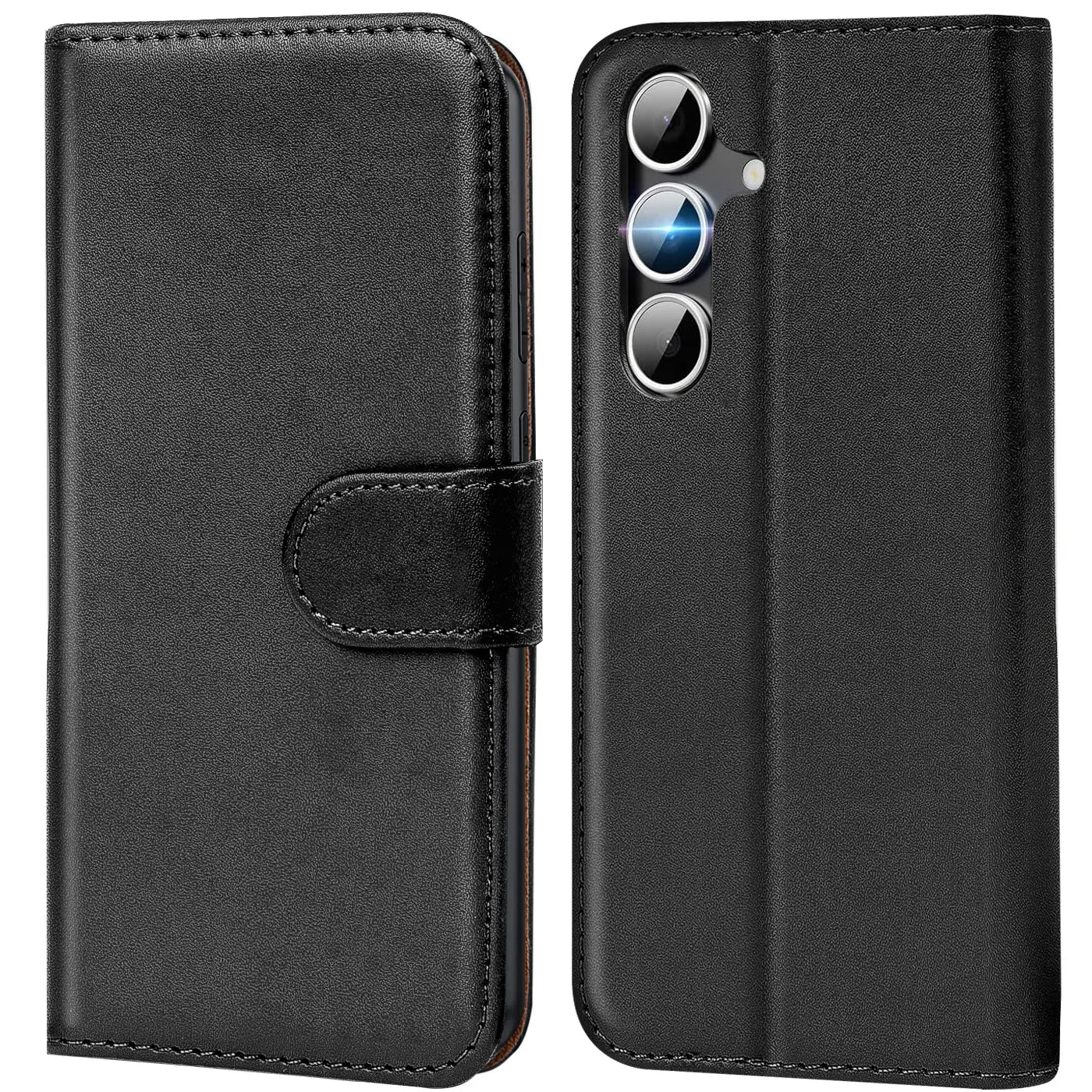 Schwarze Leder-Klapphülle mit Kartenfächern, Vorder- und Rückansicht, für Samsung Galaxy S25 FE.