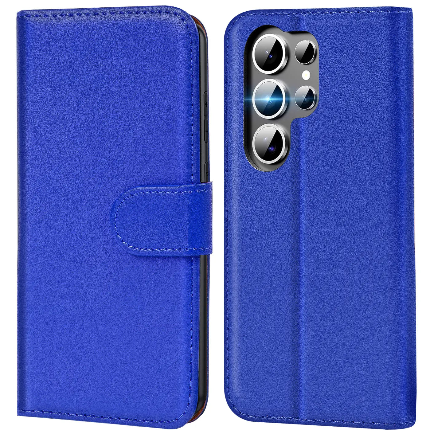 Blaue Kunstleder-Klapphülle mit Kartenfächern, Vorder- und Rückansicht, Samsung S25 Ultra.