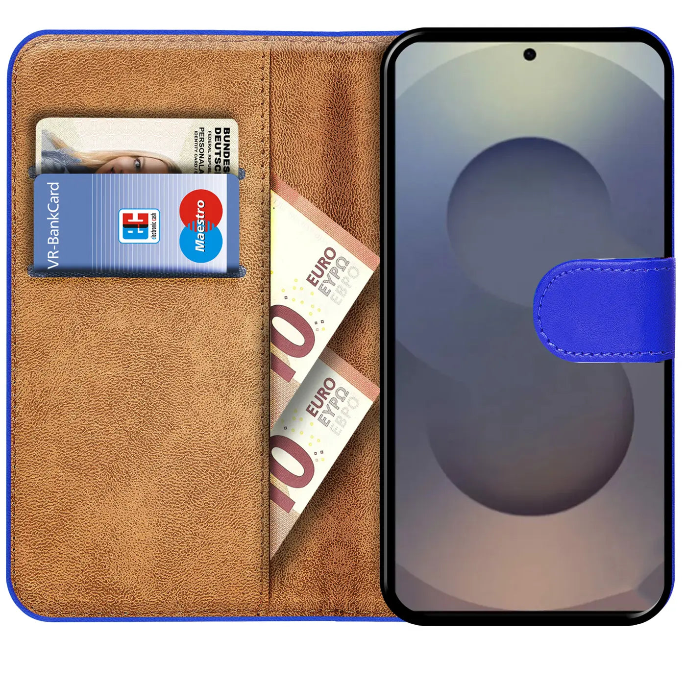 Blaue Klapphülle aus Lederimitat mit Kartenfächern und Geldscheinfach, zeigt Samsung S25 Ultra.