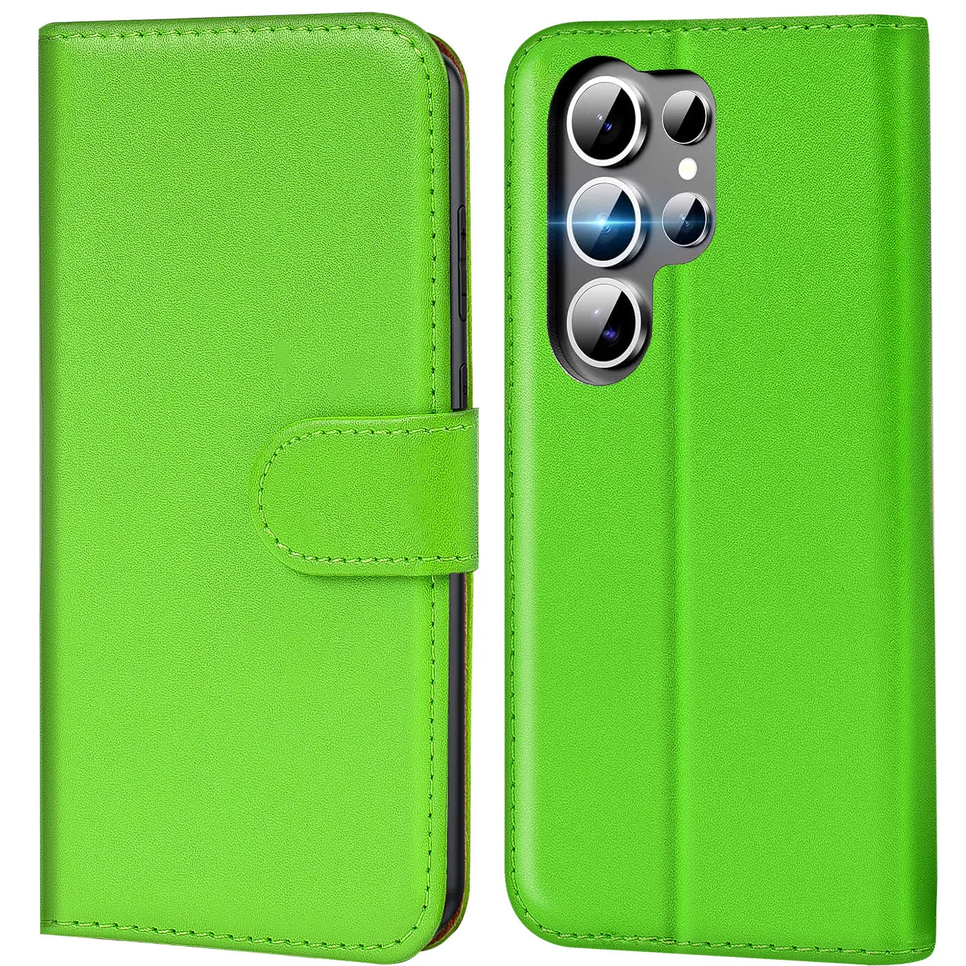Grüne Kunstleder-Klapphülle mit Kartenfächern, Vorder- und Rückansicht, Samsung S25 Ultra.