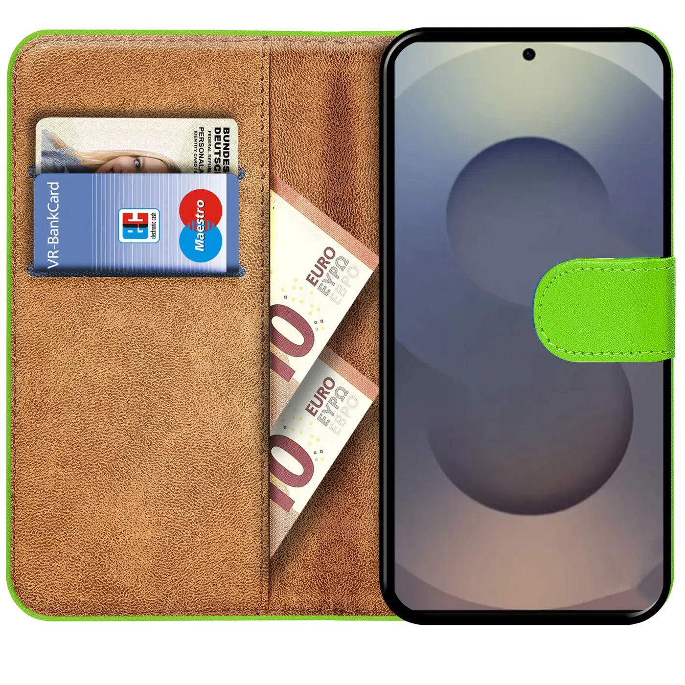Grüne Klapphülle aus Lederimitat mit Kartenfächern und Geldscheinfach, zeigt Samsung S25 Ultra.