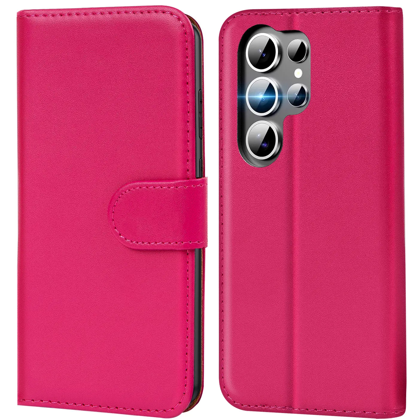 Pink Kunstleder-Klapphülle mit Kartenfächern für Samsung S25 Ultra, Vorder- und Rückansicht.