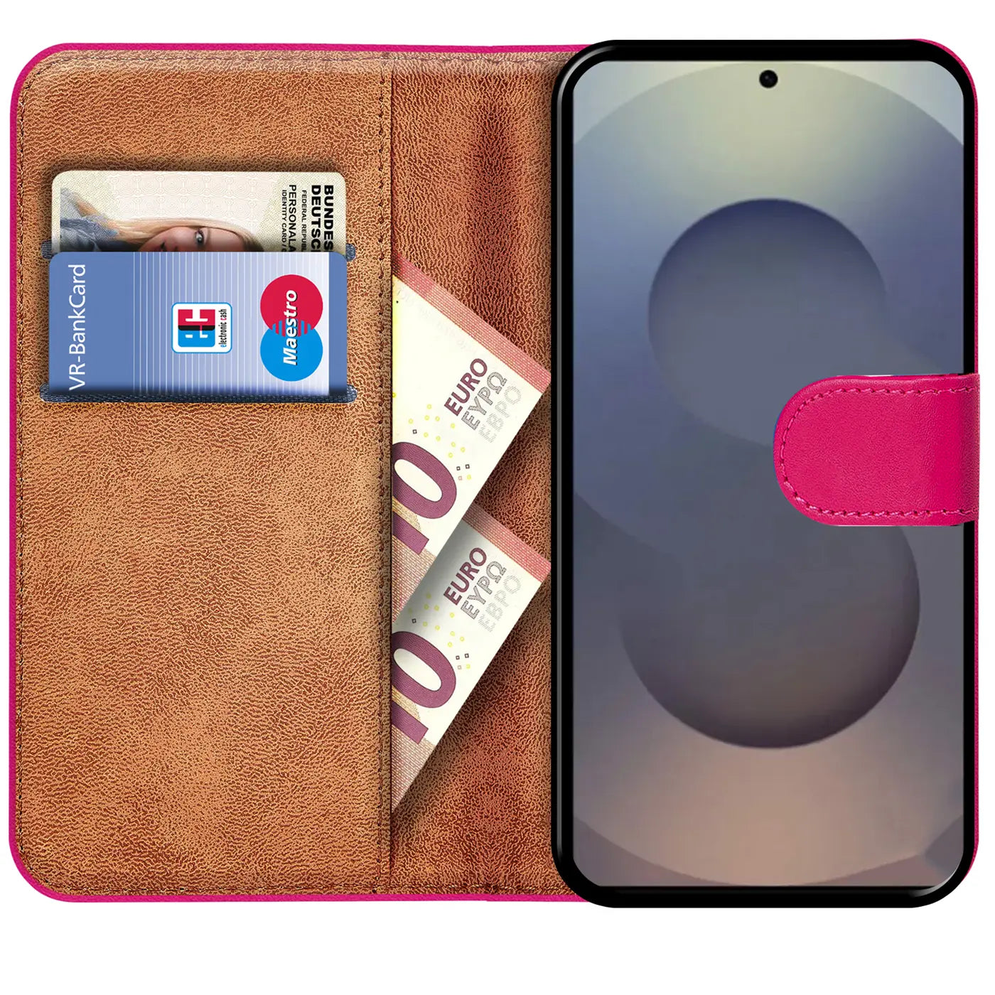 Pink Kunstleder-Klapphülle mit Kartenfächern, Geld, VR-BankCard, Maestro, Samsung S25 Ultra.