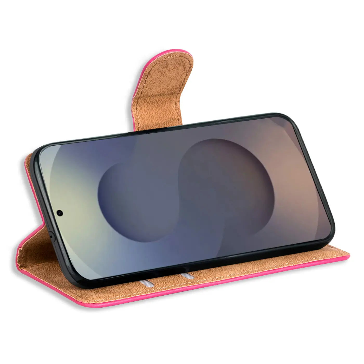 Pink Kunstleder-Klapphülle mit braunem Innenfutter, von vorne, mit Samsung Galaxy S25 Ultra.