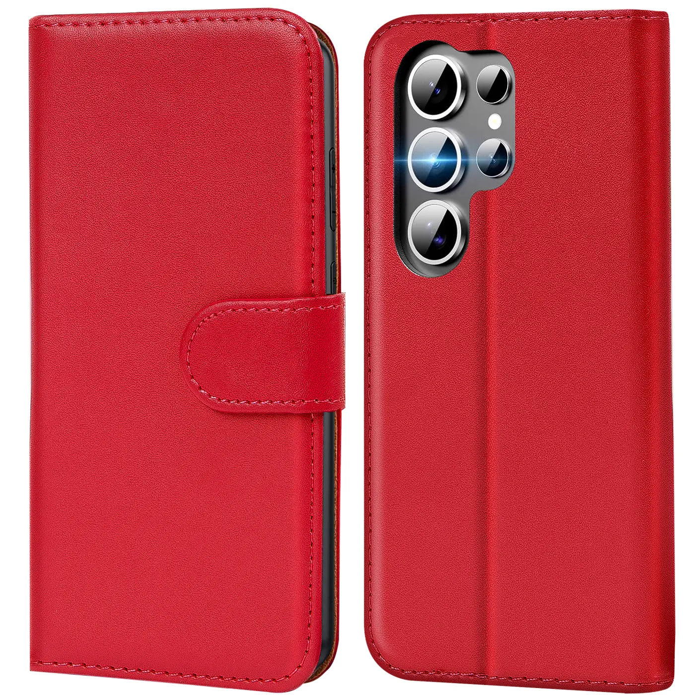 Rote Leder-Klapphülle mit Kartenfächern, Vorder- und Rückansicht, für Samsung Galaxy S25 Ultra.