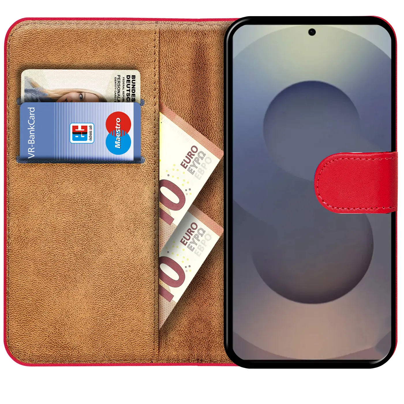 Rote Klapphülle aus Kunstleder mit Kartenfächern, zeigt VR-Bankkarte und 10€ Scheine, Samsung S25 Ultra.