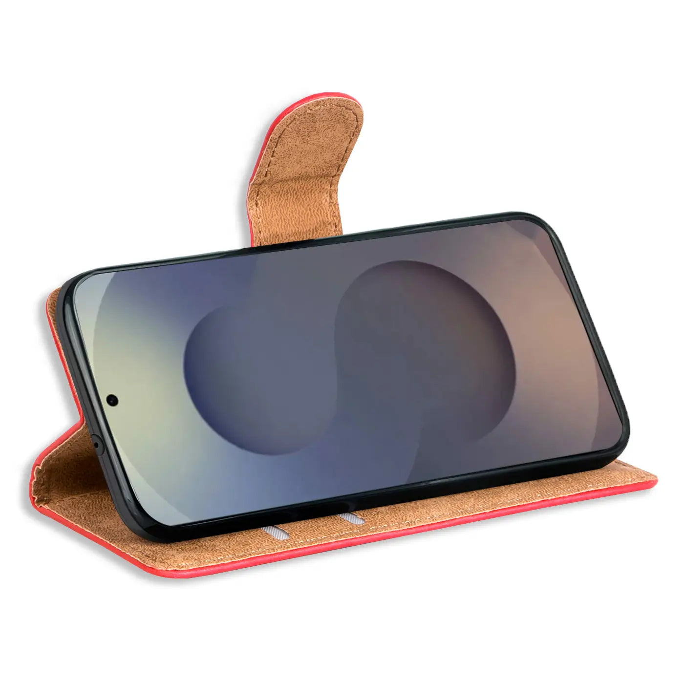 Rote Leder-Klapphülle mit Kartenfächern, Vorderansicht, zeigt ein Smartphone.