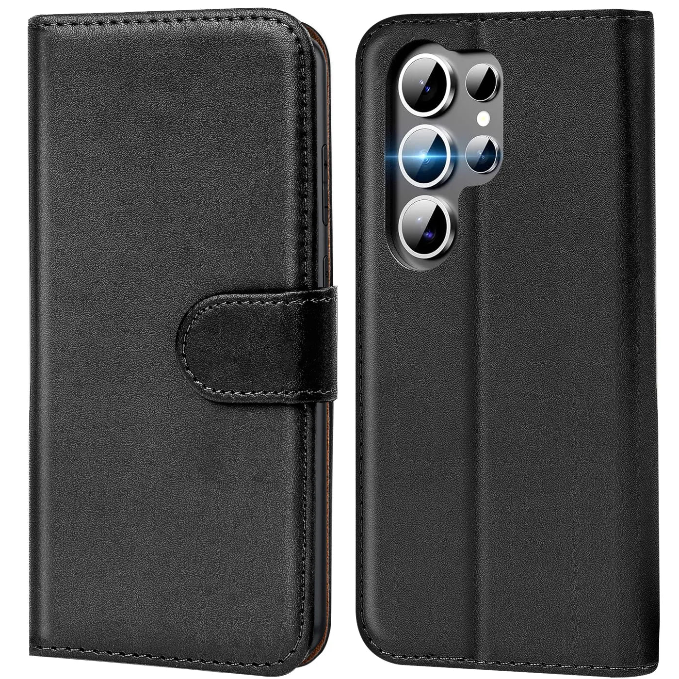 Schwarze Leder-Klapphülle mit Kartenfächern, Vorder- und Rückansicht, für Samsung Galaxy S25 Ultra.