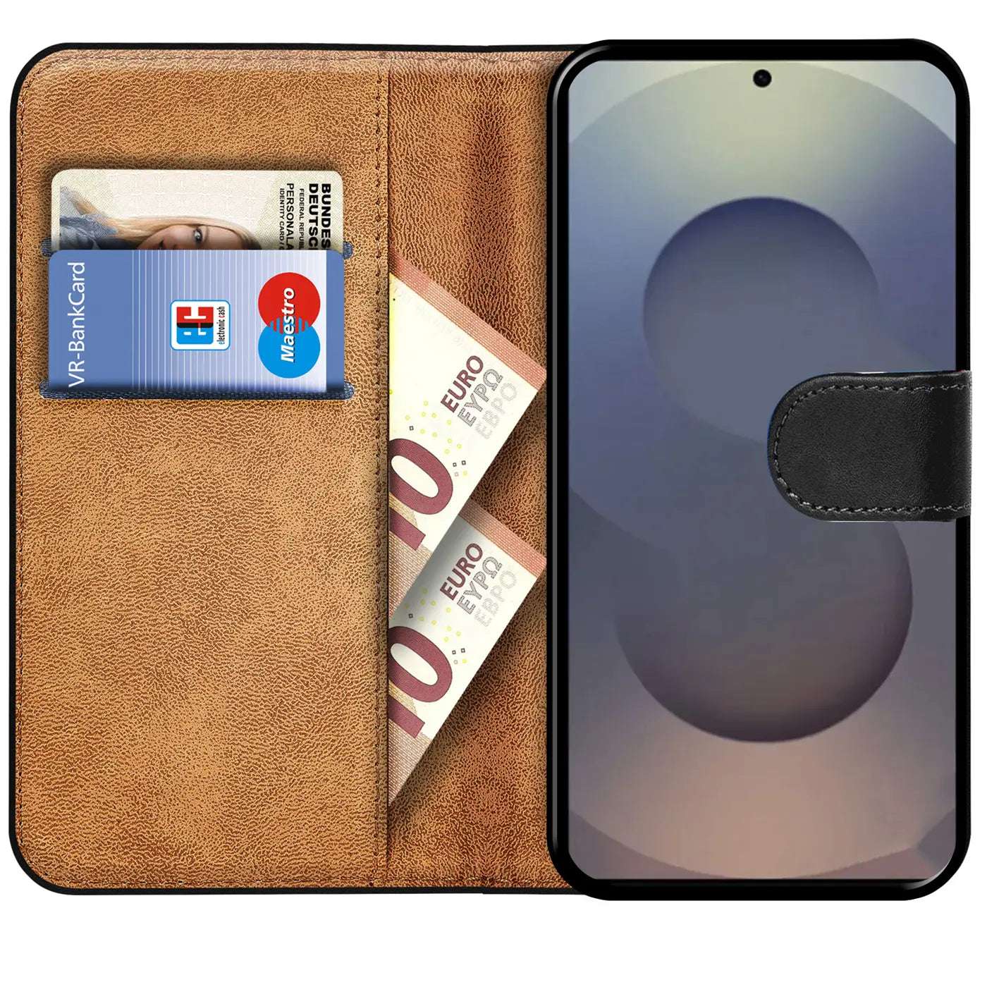 Braune Leder-Klapphülle mit Kartenfächern und Geldscheinen, zeigt ein Smartphone.