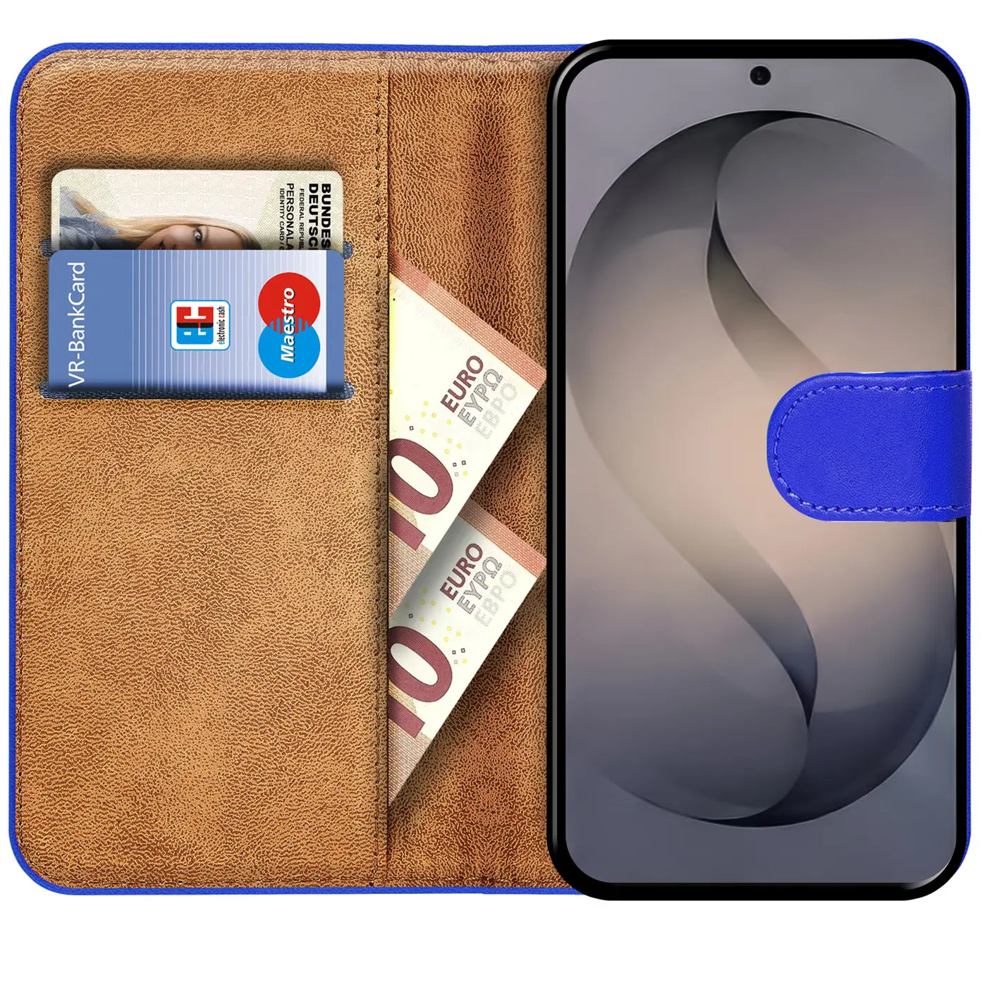 Blaue Klapphülle aus Leder mit Kartenfächern und Geldscheinfach, zeigt Samsung S26, von vorne