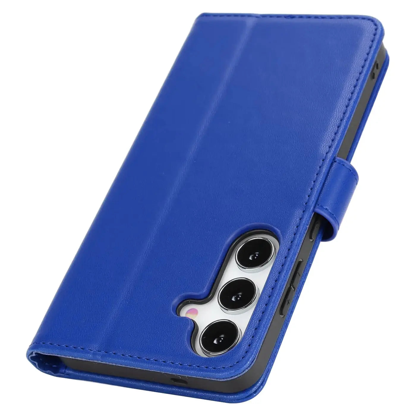Blaue Kunstleder-Klapphülle mit Kartenfächern, zeigt Rückseite eines Samsung Galaxy S26.