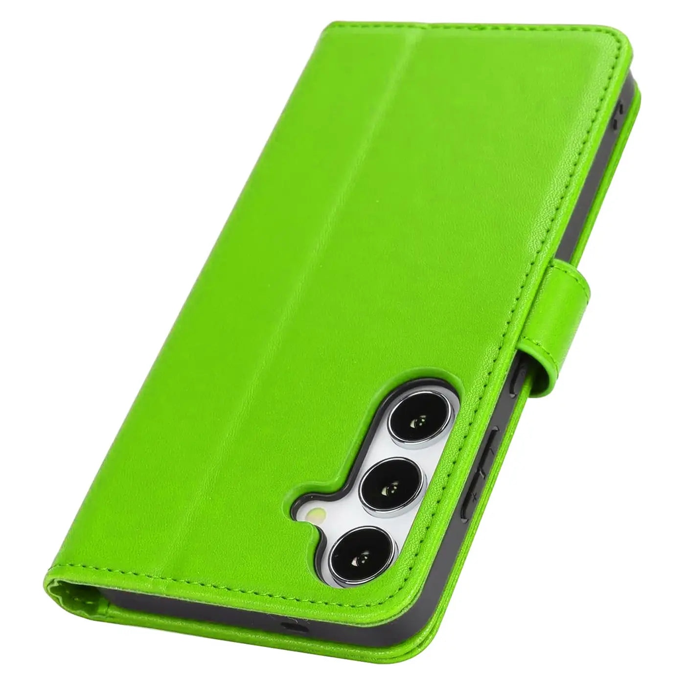 Grüne Leder-Klapphülle mit Kartenfächern, Samsung Galaxy S26 Plus, Seitenansicht.