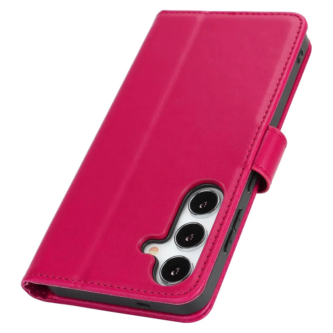 Fuchsia Leder-Klapphülle für Samsung Galaxy S26 Plus, von schräg oben.