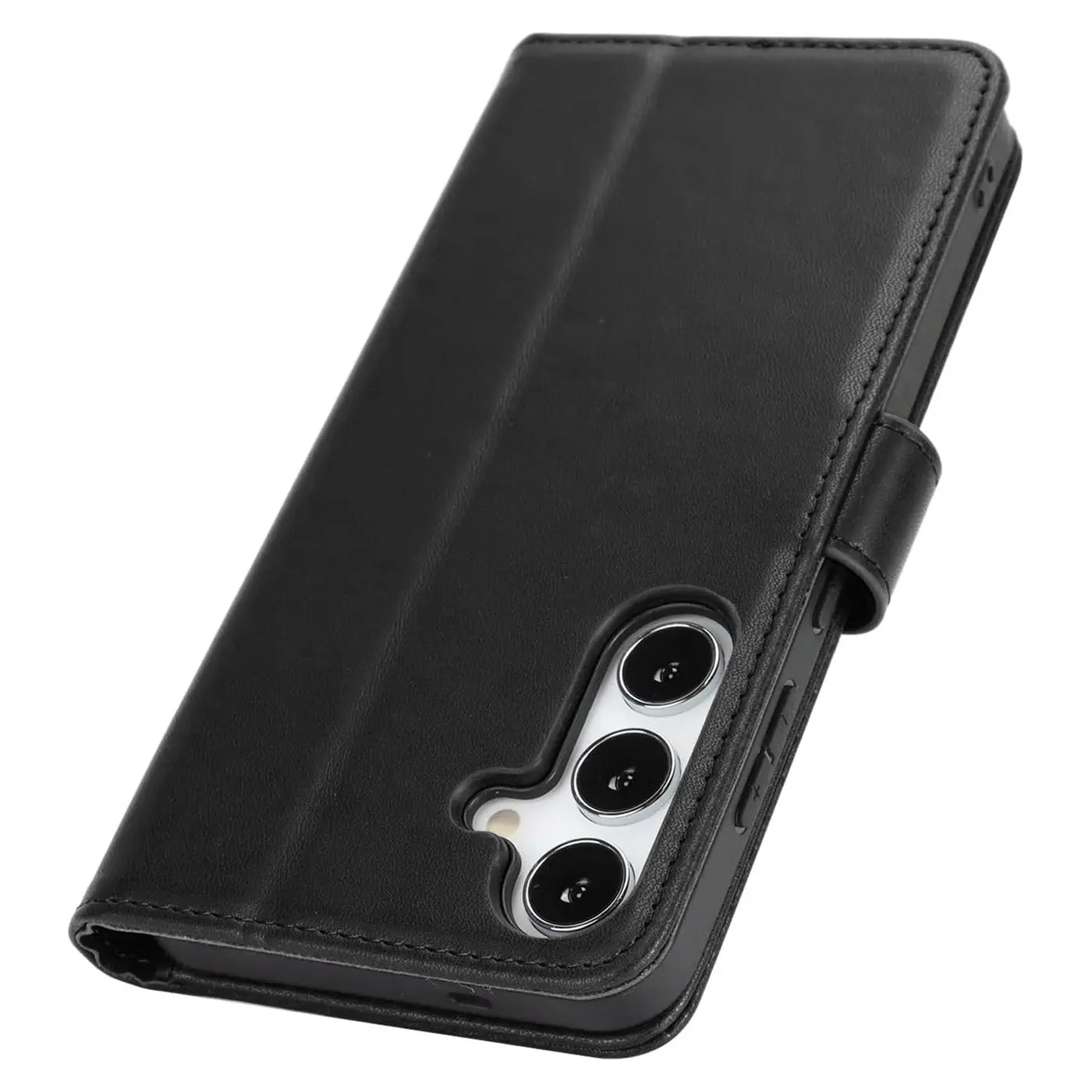 Schwarze Leder-Klapphülle mit Kartenfächern für Samsung Galaxy S26 Plus, von schräg oben.