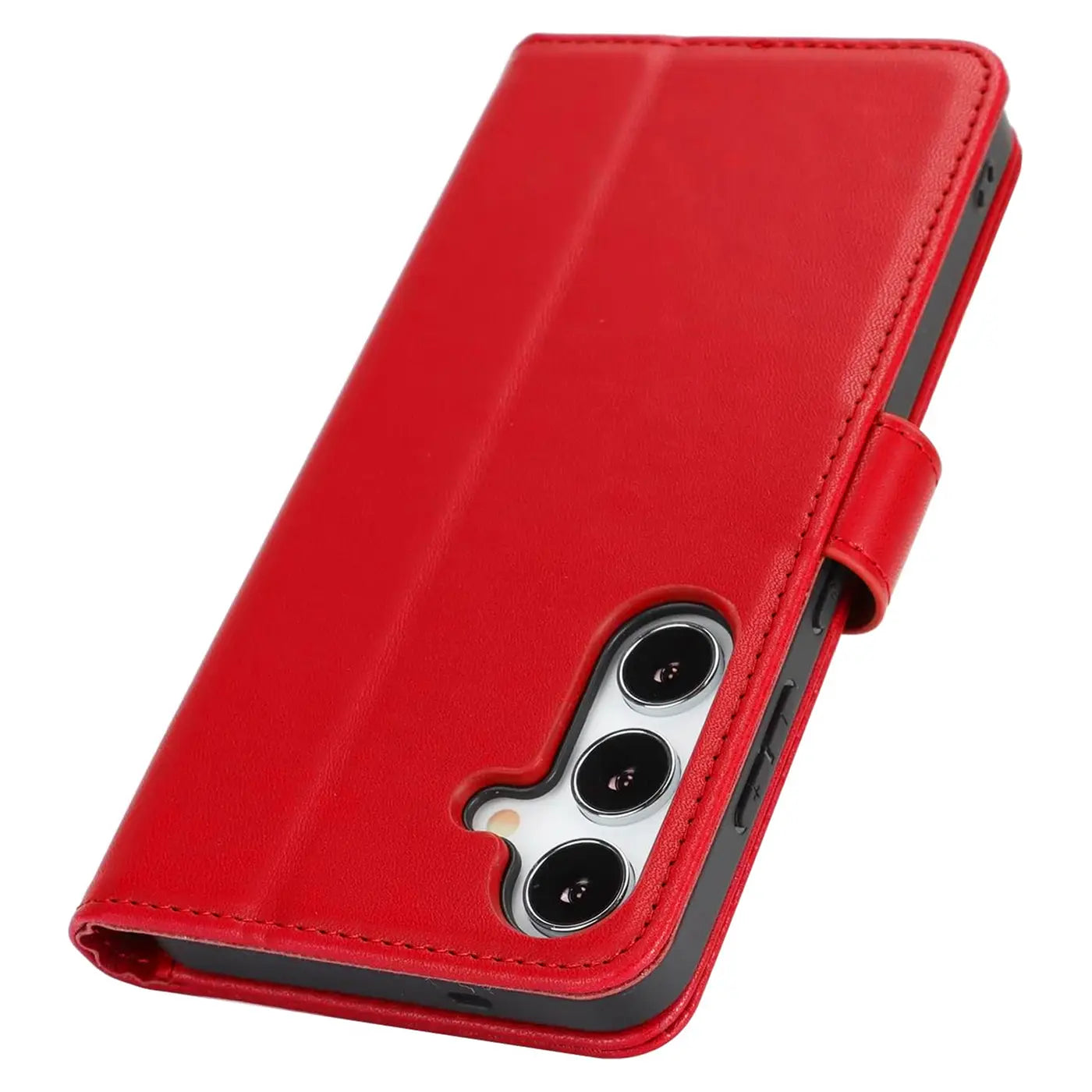 Rote Leder-Klapphülle mit Kartenfächern, Nahaufnahme, Samsung Galaxy S26 sichtbar.